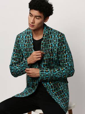 Men's Notched Lapel Printed Turquoise Blue Single-Breasted Blazer 1
