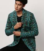 Men's Notched Lapel Printed Turquoise Blue Single-Breasted Blazer