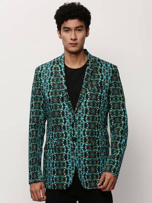 Men's Notched Lapel Printed Turquoise Blue Single-Breasted Blazer 2