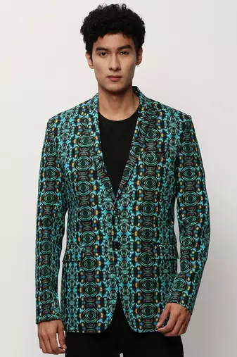 Men's Notched Lapel Printed Turquoise Blue Single-Breasted Blazer