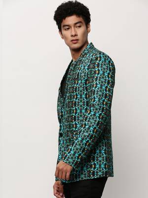 Men's Notched Lapel Printed Turquoise Blue Single-Breasted Blazer 3
