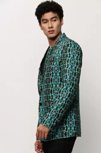 Men's Notched Lapel Printed Turquoise Blue Single-Breasted Blazer