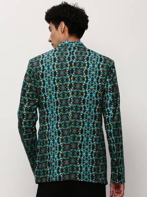 Men's Notched Lapel Printed Turquoise Blue Single-Breasted Blazer 4