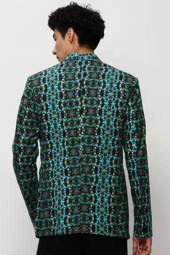 Men's Notched Lapel Printed Turquoise Blue Single-Breasted Blazer