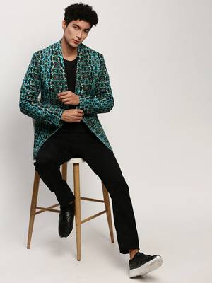Men's Notched Lapel Printed Turquoise Blue Single-Breasted Blazer 5