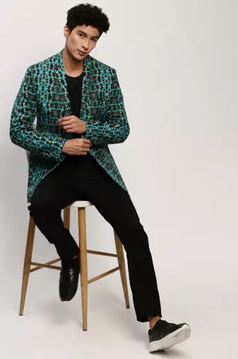 Men's Notched Lapel Printed Turquoise Blue Single-Breasted Blazer