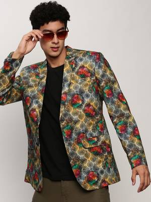 Men's Notched Lapel Printed Grey Single-Breasted Blazer 1