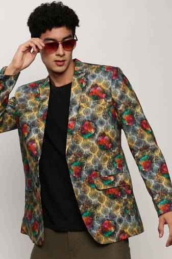 Men's Notched Lapel Printed Grey Single-Breasted Blazer