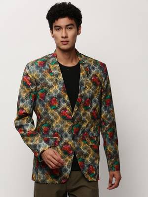 Men's Notched Lapel Printed Grey Single-Breasted Blazer 2