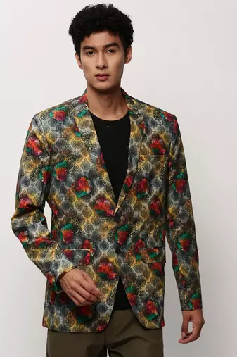 Men's Notched Lapel Printed Grey Single-Breasted Blazer