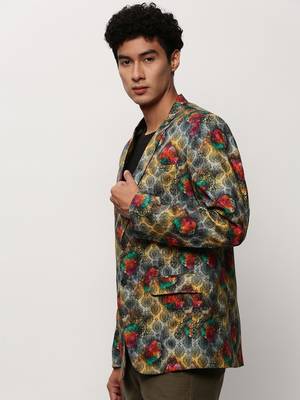Men's Notched Lapel Printed Grey Single-Breasted Blazer 3