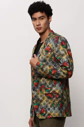 Men's Notched Lapel Printed Grey Single-Breasted Blazer