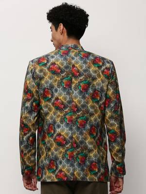 Men's Notched Lapel Printed Grey Single-Breasted Blazer 4