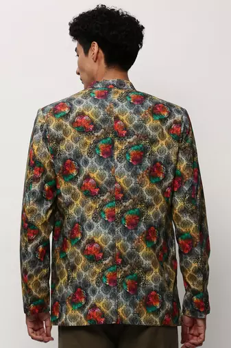 Men's Notched Lapel Printed Grey Single-Breasted Blazer