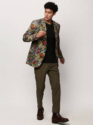 Men's Notched Lapel Printed Grey Single-Breasted Blazer 5