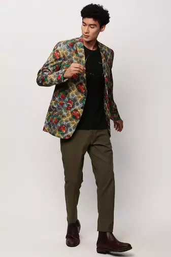 Men's Notched Lapel Printed Grey Single-Breasted Blazer