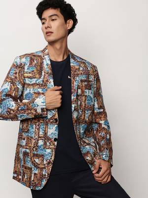 Men's Notched Lapel Printed Brown Single-Breasted Blazer 1