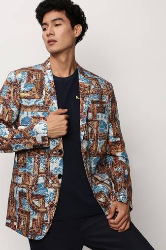 Men's Notched Lapel Printed Brown Single-Breasted Blazer