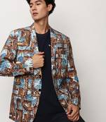 Men's Notched Lapel Printed Brown Single-Breasted Blazer