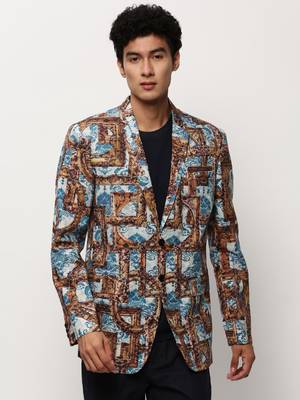 Men's Notched Lapel Printed Brown Single-Breasted Blazer 2