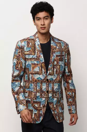 Men's Notched Lapel Printed Brown Single-Breasted Blazer