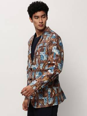 Men's Notched Lapel Printed Brown Single-Breasted Blazer 3