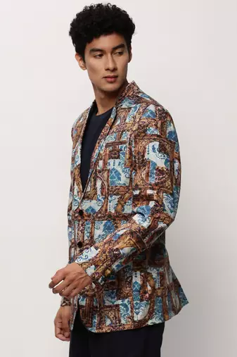 Men's Notched Lapel Printed Brown Single-Breasted Blazer