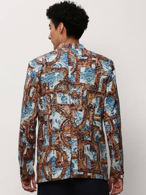 Men's Notched Lapel Printed Brown Single-Breasted Blazer 4
