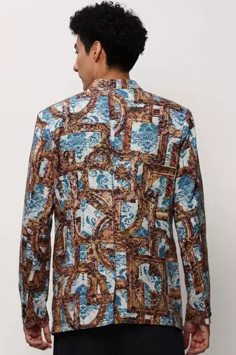 Men's Notched Lapel Printed Brown Single-Breasted Blazer