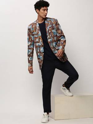 Men's Notched Lapel Printed Brown Single-Breasted Blazer 5