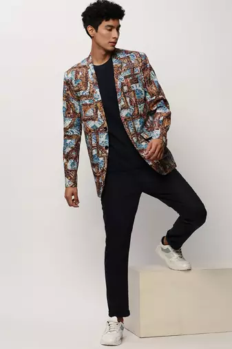 Men's Notched Lapel Printed Brown Single-Breasted Blazer
