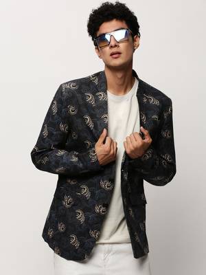 Men's Notched Lapel Printed Black Single-Breasted Blazer 1