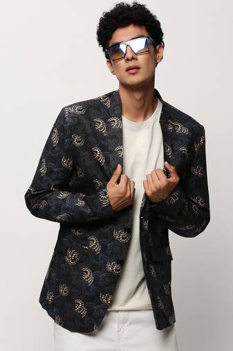 Men's Notched Lapel Printed Black Single-Breasted Blazer
