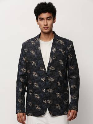 Men's Notched Lapel Printed Black Single-Breasted Blazer 2