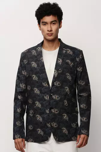 Men's Notched Lapel Printed Black Single-Breasted Blazer