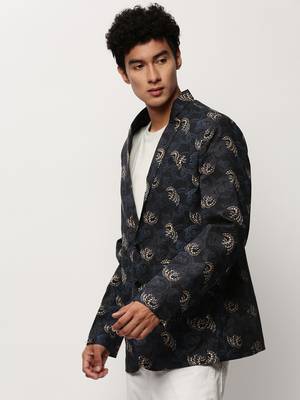Men's Notched Lapel Printed Black Single-Breasted Blazer 3