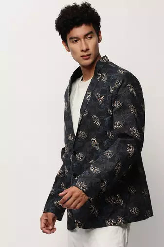 Men's Notched Lapel Printed Black Single-Breasted Blazer