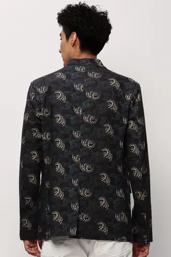 Men's Notched Lapel Printed Black Single-Breasted Blazer