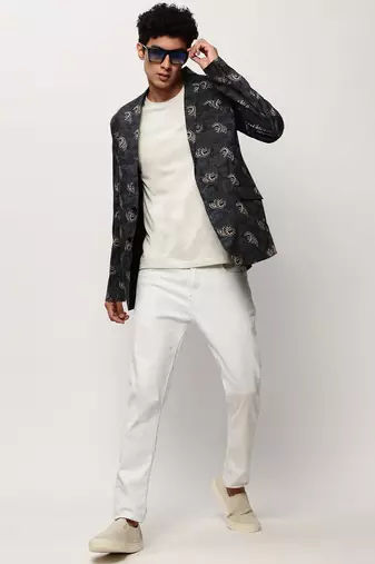 Men's Notched Lapel Printed Black Single-Breasted Blazer