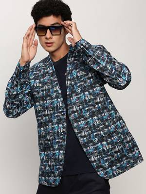 Men's Notched Lapel Printed Blue Single-Breasted Blazer 1