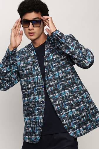 Men's Notched Lapel Printed Blue Single-Breasted Blazer