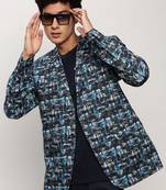 Men's Notched Lapel Printed Blue Single-Breasted Blazer