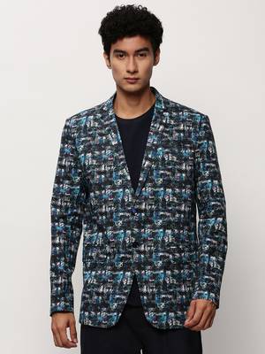Men's Notched Lapel Printed Blue Single-Breasted Blazer 2