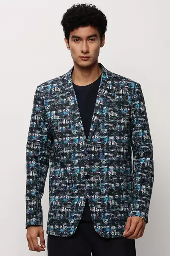 Men's Notched Lapel Printed Blue Single-Breasted Blazer