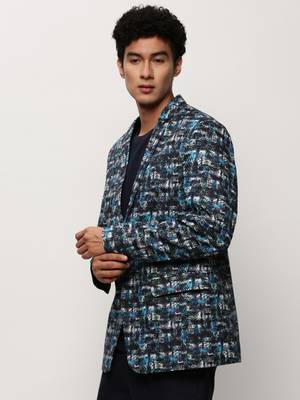 Men's Notched Lapel Printed Blue Single-Breasted Blazer 3