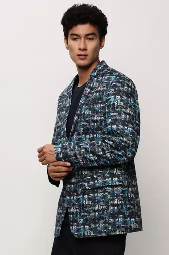 Men's Notched Lapel Printed Blue Single-Breasted Blazer