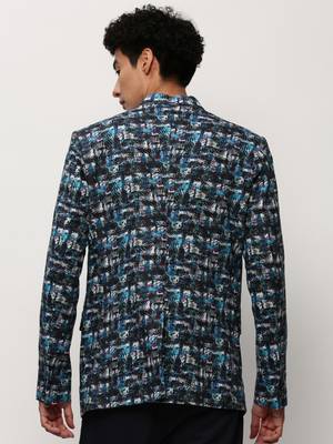 Men's Notched Lapel Printed Blue Single-Breasted Blazer 4