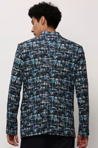 Men's Notched Lapel Printed Blue Single-Breasted Blazer