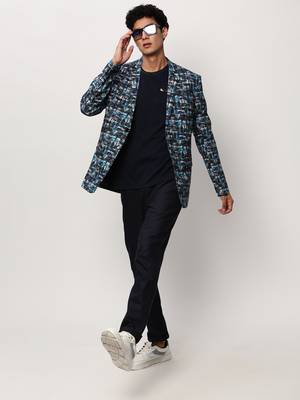 Men's Notched Lapel Printed Blue Single-Breasted Blazer 5