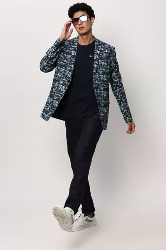 Men's Notched Lapel Printed Blue Single-Breasted Blazer
